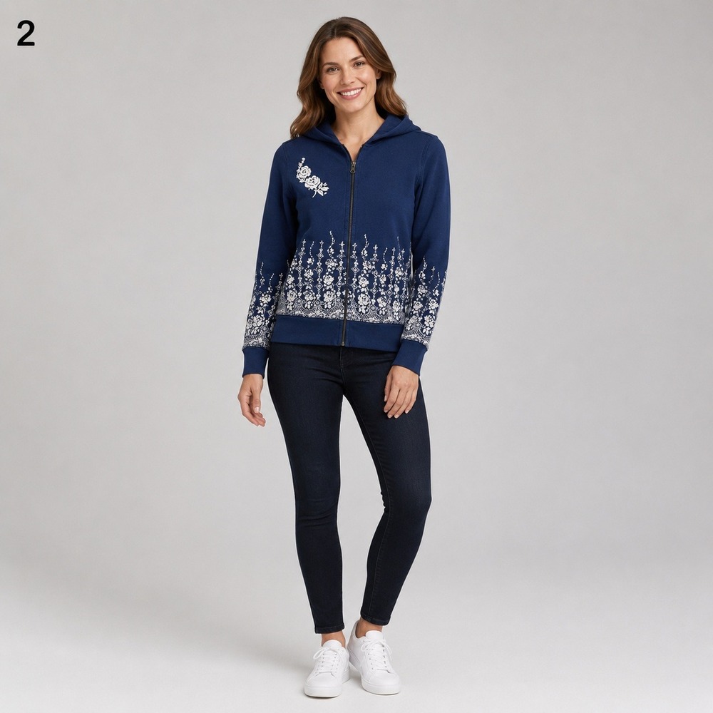 Lucy Art Hoodie Women XS Blue Cotton Floral Embroidered Screenprint Hood Pockets
